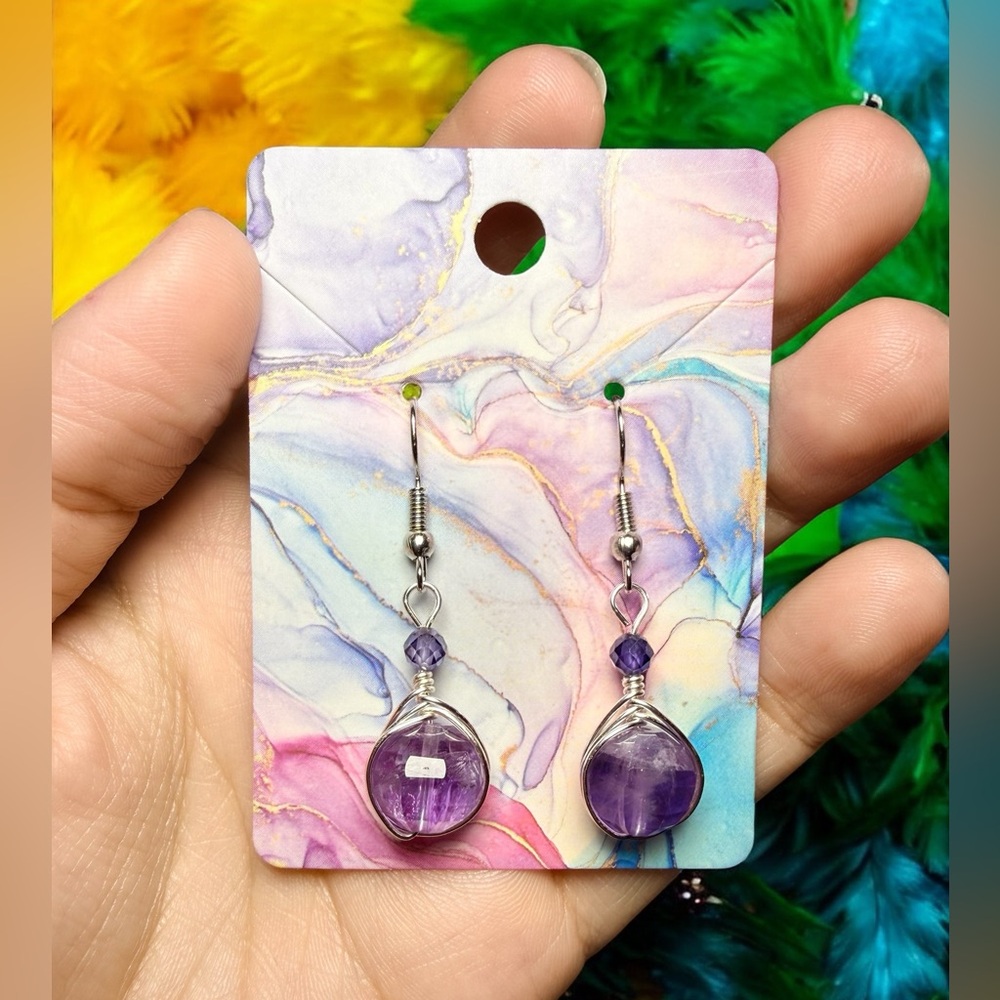 Amethyst Wire-Wrapped Earrings with Purple CZ Accents – Tarnish Resistant - Picture 1 of 3